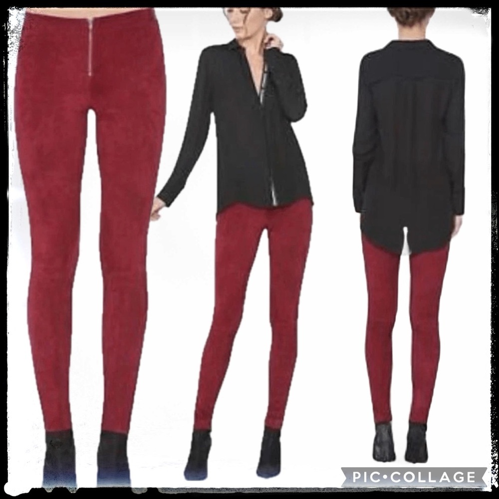 ALICE + Olivia Genuine Suede Front Zip Up Leggings in Burgundy Size 6